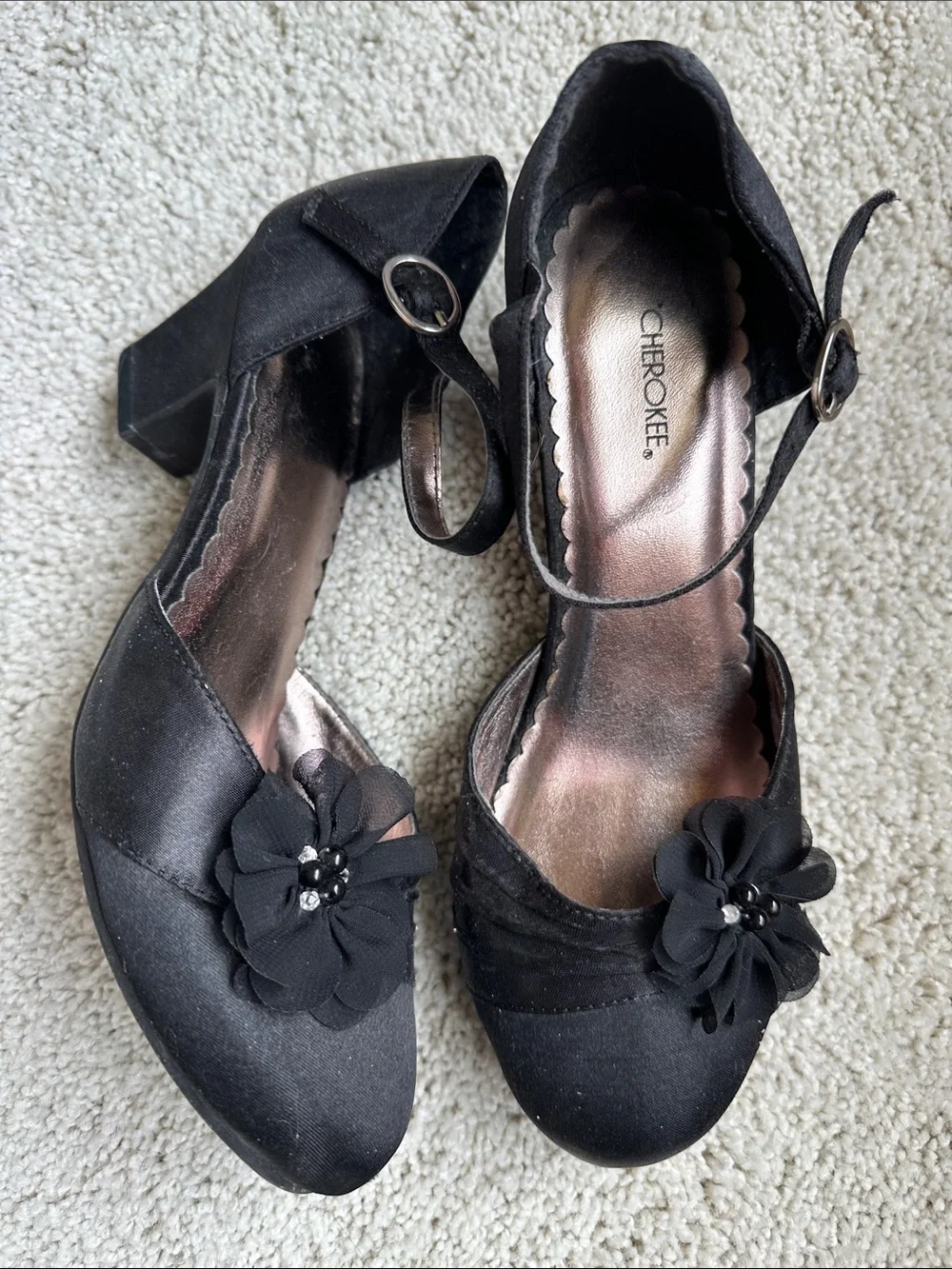 Vintage Cherokee Girls Youth Black Satin Dress Heels Floral Mary Jane Shoes 5